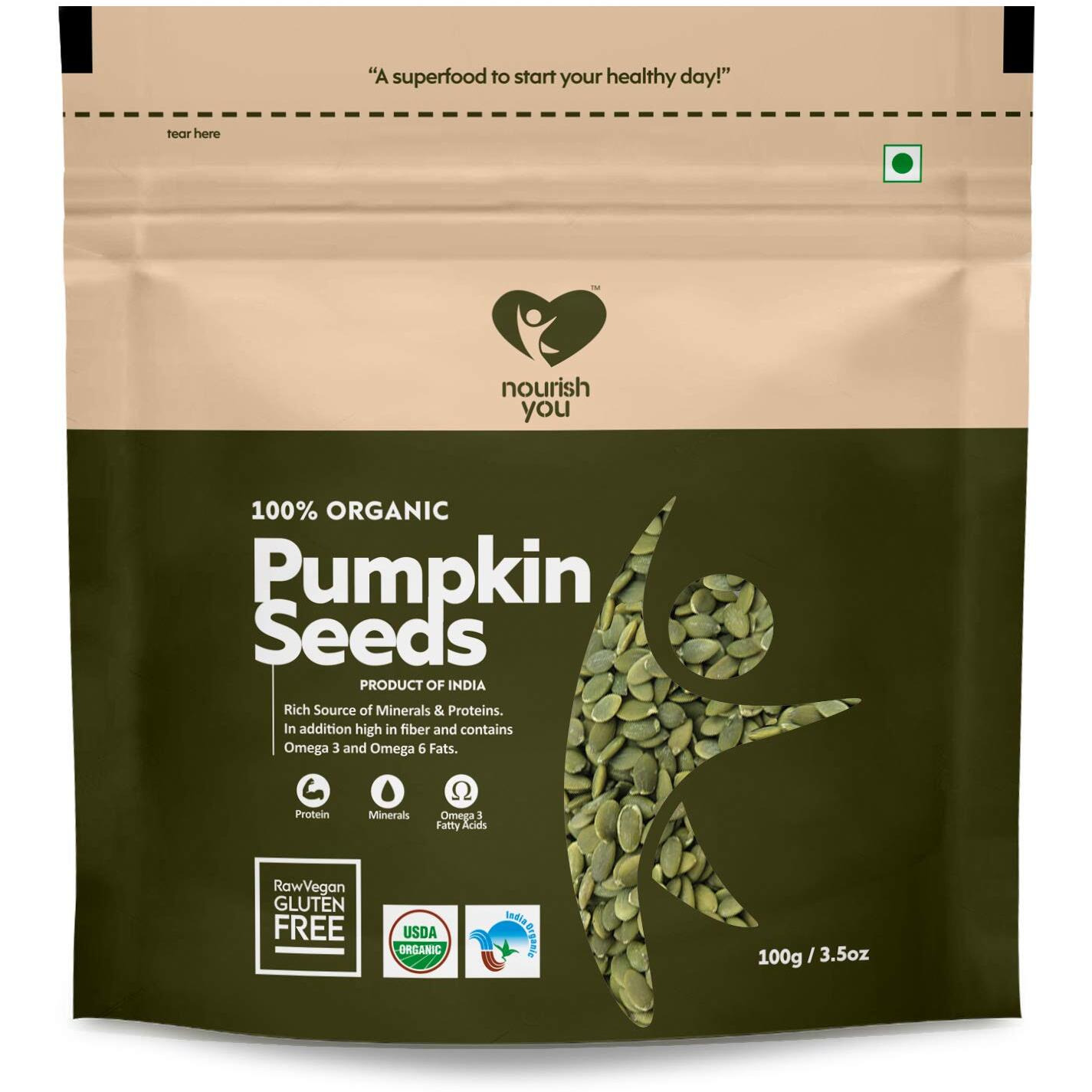 NOURISH YOU Organic Pumpkin Seeds 100 gm (Each) | Raw Pumpkin Seeds Protein and Fiber Rich Superfood | Healthy Snack Immunity Booster (Pack of 1)