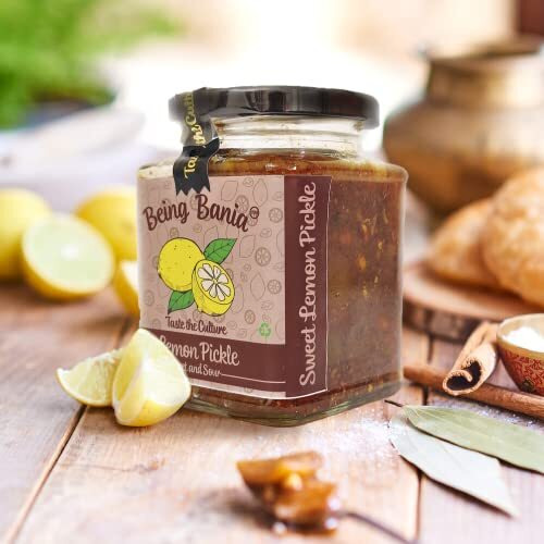 Being Bania Sweet Lemon Pickle - 100% Natural with added Hing flavor | 280g of Khatta Meetha Nimbu Achar | No Preservatives, No Additive | Handmade Gourmet Pickles