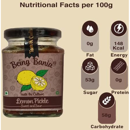 Being Bania Sweet Lemon Pickle - 100% Natural with added Hing flavor | 280g of Khatta Meetha Nimbu Achar | No Preservatives, No Additive | Handmade Gourmet Pickles