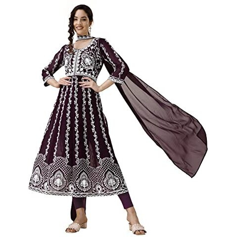 EthnicJunction Women's Georgette Chikankari Embroidery Anarkali Kurta and Dupatta Set Purple