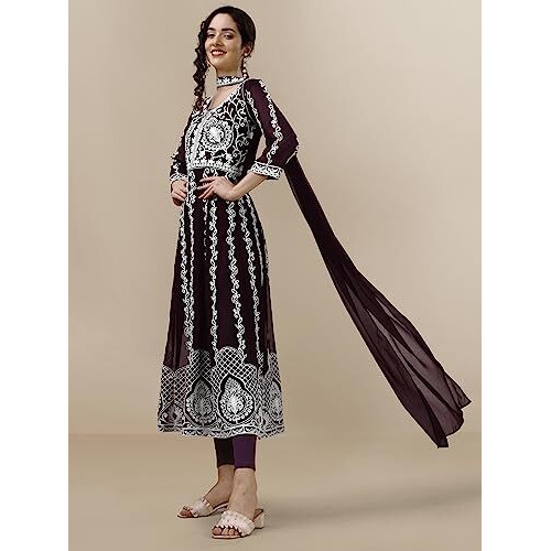 EthnicJunction Women's Georgette Chikankari Embroidery Anarkali Kurta and Dupatta Set Purple