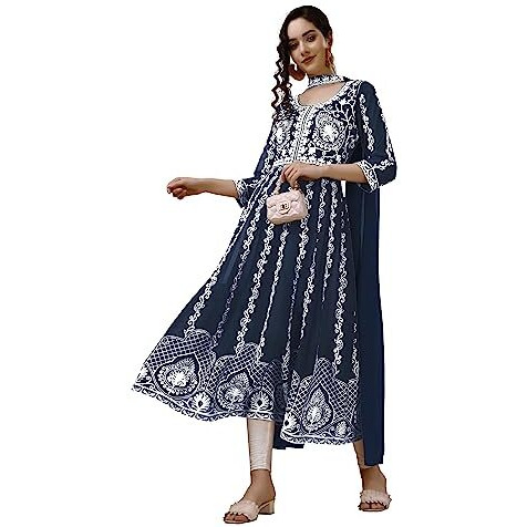 EthnicJunction Women's Georgette Chikankari Embroidery Anarkali Kurta & Dupatta Set (KD1-Nazma-Teal_2XL_Teal Blue)