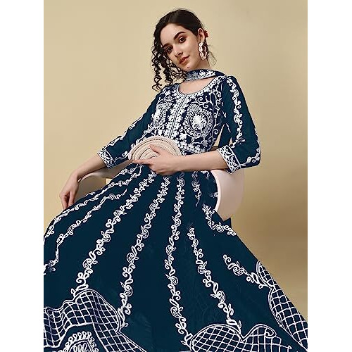 EthnicJunction Women's Georgette Chikankari Embroidery Anarkali Kurta & Dupatta Set (KD1-Nazma-Teal_2XL_Teal Blue)