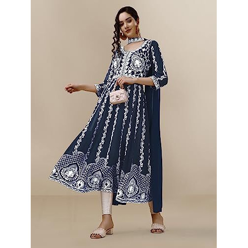 EthnicJunction Women's Georgette Chikankari Embroidery Anarkali Kurta & Dupatta Set (KD1-Nazma-Teal_2XL_Teal Blue)