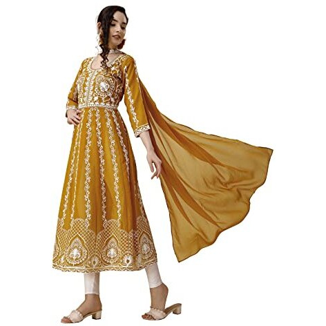 EthnicJunction Women's Georgette Chikankari Embroidery Anarkali Kurta Dupatta Set (KD1-Nazma-Mustard_S_Honey Yellow)