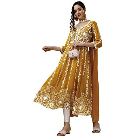 EthnicJunction Women's Georgette Chikankari Embroidery Anarkali Kurta Dupatta Set (KD1-Nazma-Mustard_S_Honey Yellow)