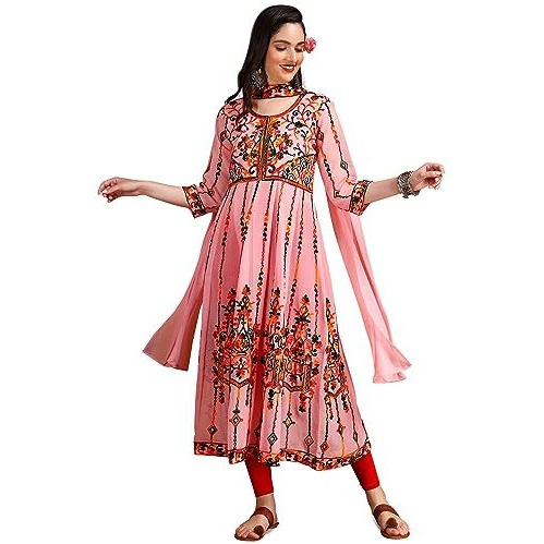 EthnicJunction Women's Georgette Embroidered and Sequence Work Anarkali Kurta and Dupatta Set(KD3-Devi-Pink_XL)