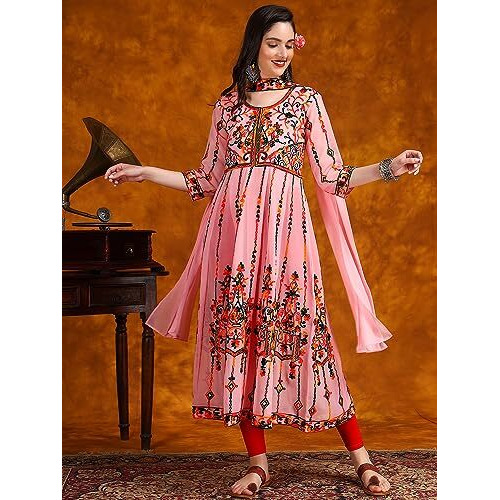 EthnicJunction Women's Georgette Embroidered and Sequence Work Anarkali Kurta and Dupatta Set(KD3-Devi-Pink_XL)