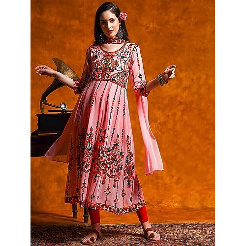 EthnicJunction Women's Georgette Embroidered and Sequence Work Anarkali Kurta and Dupatta Set(KD3-Devi-Pink_XL)