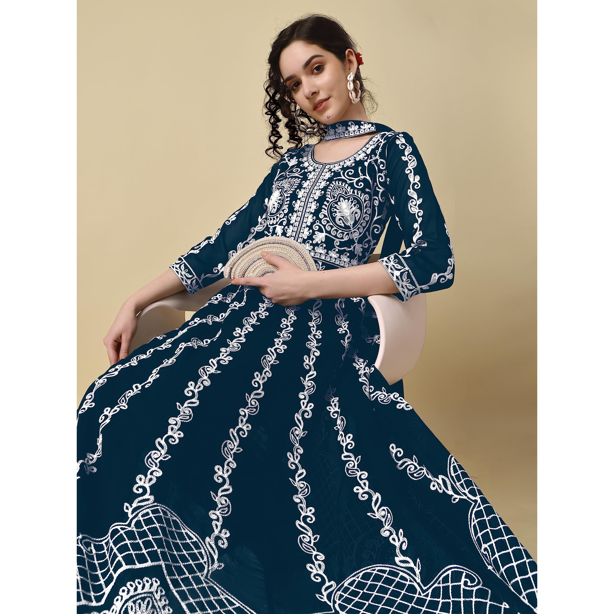 EthnicJunction Women's Georgette Chikankari Embroidery Anarkali Kurta & Dupatta Set (KD1-Nazma-Teal_M_Teal Blue)