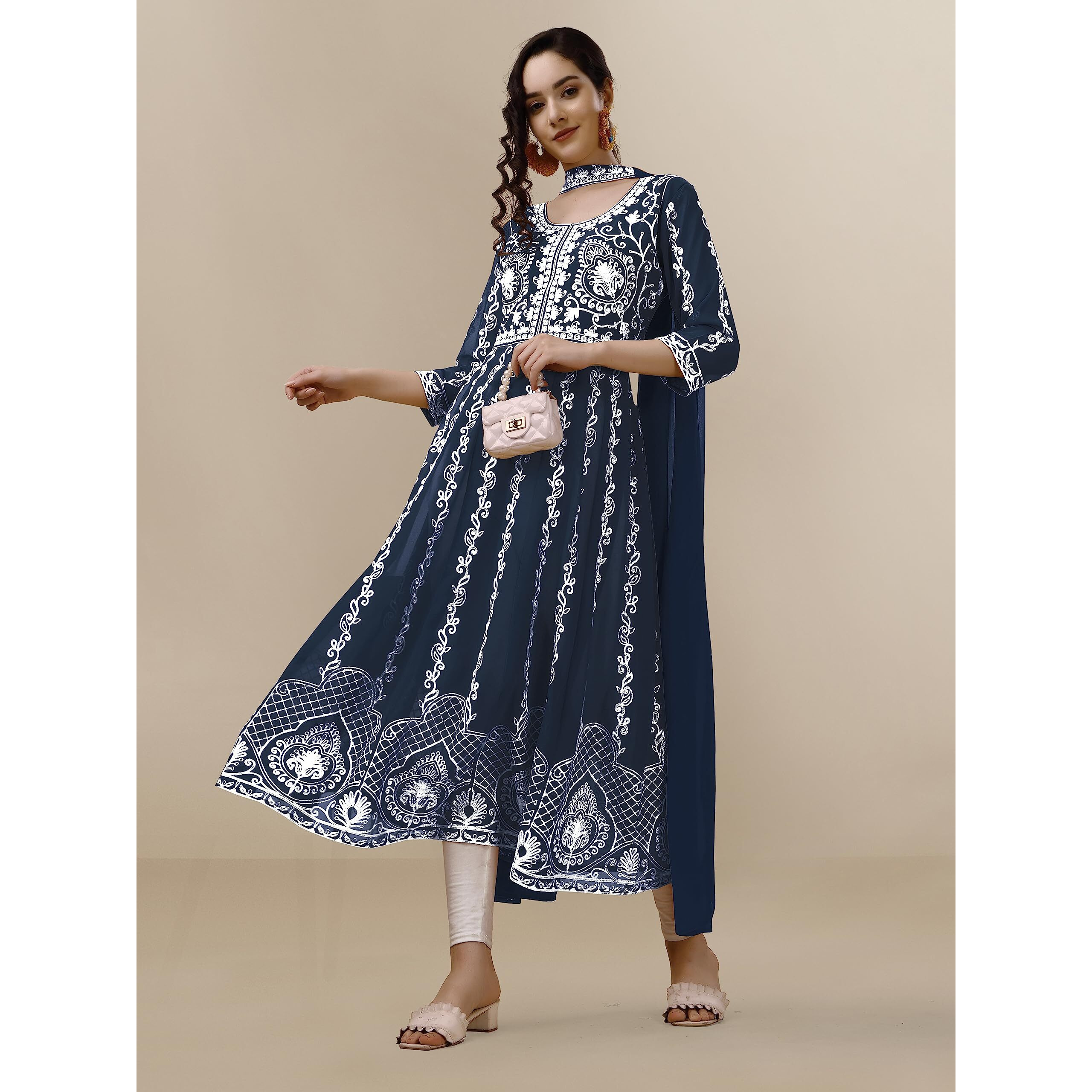 EthnicJunction Women's Georgette Chikankari Embroidery Anarkali Kurta & Dupatta Set (KD1-Nazma-Teal_M_Teal Blue)