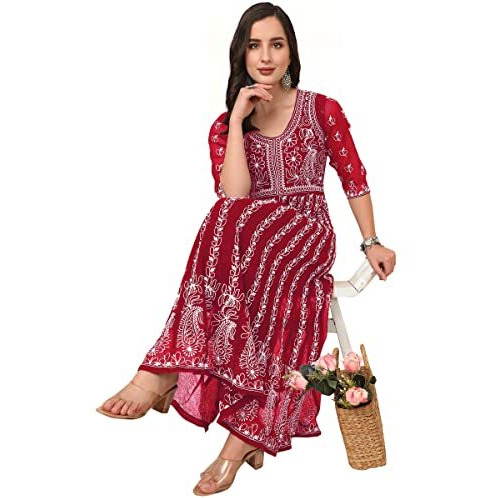 EthnicJunction Women's Georgette Chikankari Embroidery Anarkali Kurta (B19-Apsara-Maroon_S_Maroon)