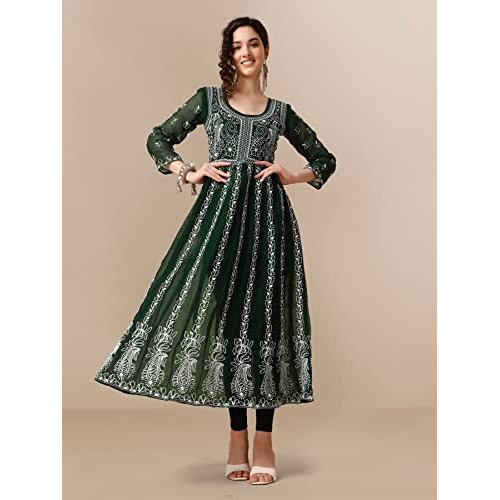 EthnicJunction Women's Green Lucknowi Chikankari Embroidered Thread Work Georgette Anarkali Kurta (B19-Apsara-Bottle Green_M_Bottle Green)