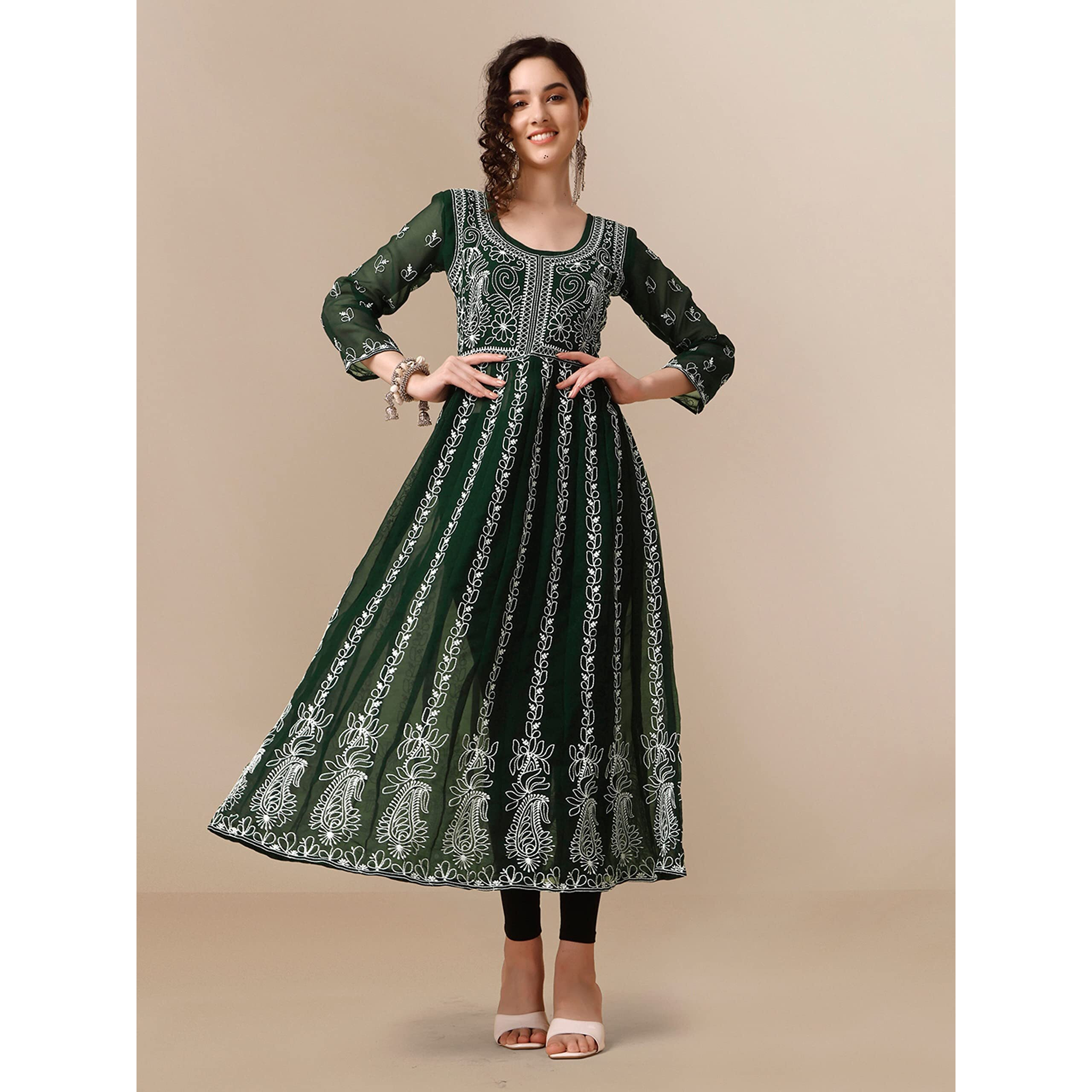 EthnicJunction Women's Green Lucknowi Chikankari Embroidered Thread Work Georgette Anarkali Kurta (B19-Apsara-Bottle Green_XL_Bottle Green)