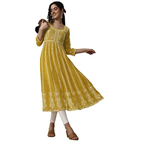 EthnicJunction Women's Lucknowi Chikankari Embroidered Thread Work Georgette Anarkali Kurta (B19-Apsara-Mustard_S_Mustard)