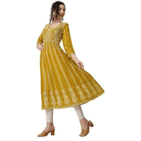 EthnicJunction Women's Lucknowi Chikankari Embroidered Thread Work Georgette Anarkali Kurta (B19-Apsara-Mustard_S_Mustard)