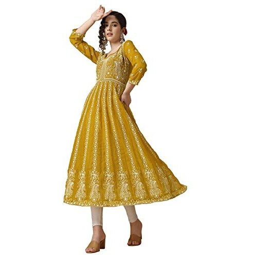 EthnicJunction Women's Lucknowi Chikankari Embroidered Thread Work Georgette Anarkali Kurta (B19-Apsara-Mustard_S_Mustard)