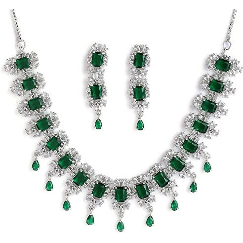 ZENEME Rhodium Plated Square Shaped Silver Toned American Diamond Stone Studded Necklace With Earring Jewellery Set For Women and Girl (Green)