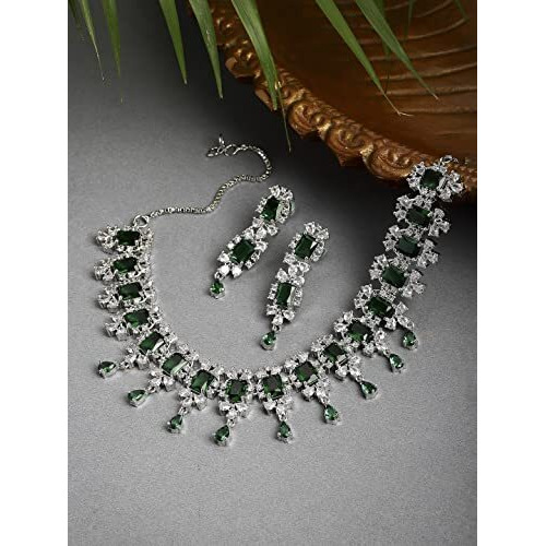 ZENEME Rhodium Plated Square Shaped Silver Toned American Diamond Stone Studded Necklace With Earring Jewellery Set For Women and Girl (Green)