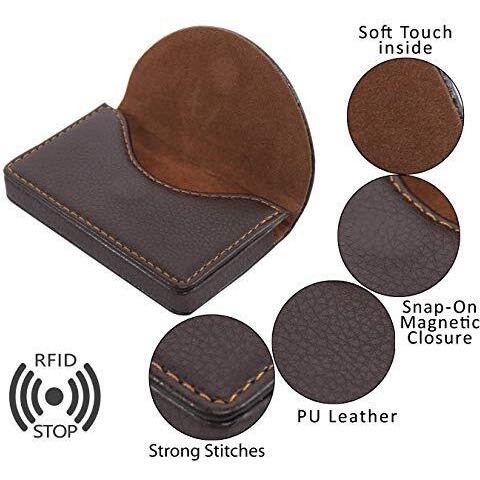 NISUN PU Leather RFID Pocket Sized Credit Card Holder Name Card Case Wallet with Magnetic Shut for Men & Women - Brown