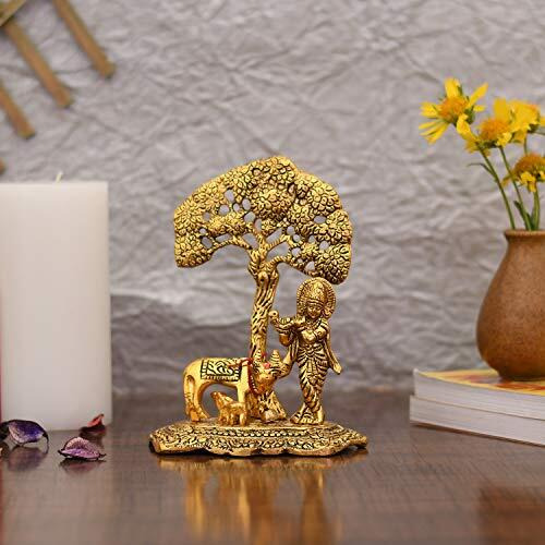 Collectible India Gift Items Metal Krishna Idol Murti with Kamdhenu Cow - Gold Plated Showpiece Articles for Home Decor, Office,House Warming (Set of 1)