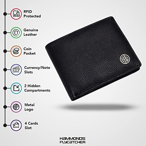 HAMMONDS FLYCATCHER Genuine Leather Wallets for Men | Black Men's Wallet | FID Protected Leather Wallet for Men | Mens Wallet with 4 Card Slots | Purse for Men/Money Bag for Men - Gift for Him