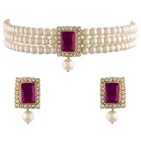 I Jewels Gold Plated Traditional Stone Pearl Choker Necklace Jewellery Set For Women/Girls (ML237Q)