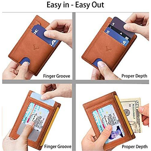 Contacts Genuine Leather Slim Wallet | RFID Blocking Skinny Minimal Thin Front Pocket Wallet Sleeve Card Holder for Men | 7 Card Slots, 1 ID Window (Tan)