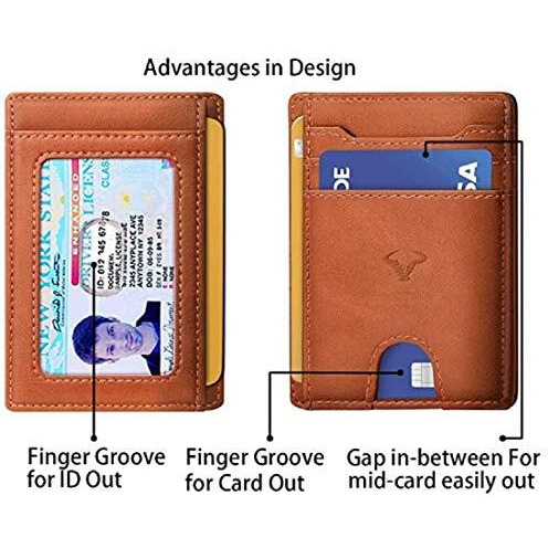 Contacts Genuine Leather Slim Wallet | RFID Blocking Skinny Minimal Thin Front Pocket Wallet Sleeve Card Holder for Men | 7 Card Slots, 1 ID Window (Tan)