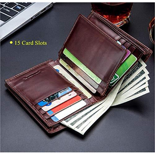 Contacts Men's Genuine Leather Wallet | RFID Blocking Wallet for Men| 14 Card Slots, 1 ID Window | Large Capacity Can Hold 50 Currency Notes (Brown)