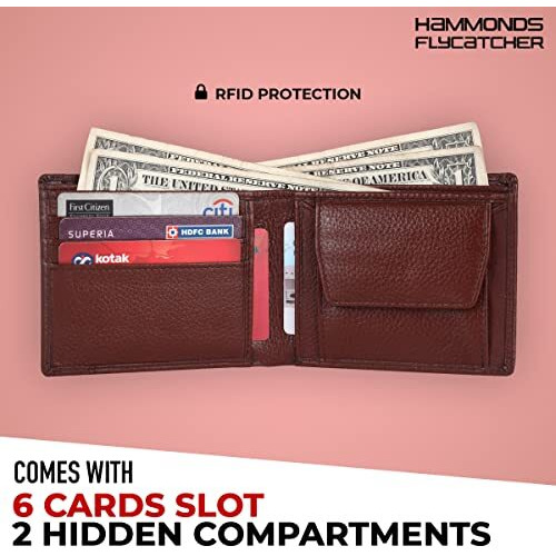 HAMMONDS FLYCATCHER Genuine Leather Wallets for Men, Brown - RFID Protected Leather Wallet for Men - Mens Wallet with 6 Card Slots - Gift for Valentine Day, Father's Day, Birthday, Raksha Bandhan