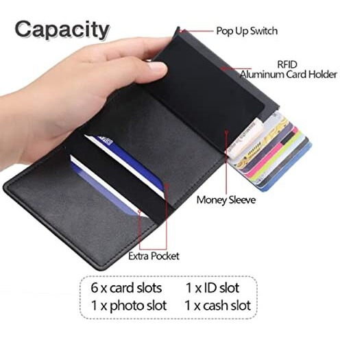 VOGARD Men's Genuine Leather Wallet | RFID Blocking Aluminum Automatic Pop Up Credit Card Holder Case | 8 Card Slots (24 Black)