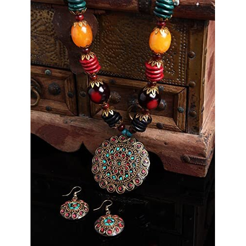 Shining Diva Fashion Latest Stylish Traditional Tibetan Pendant Necklace Jewellery Set for Women (13208s) (Style01)