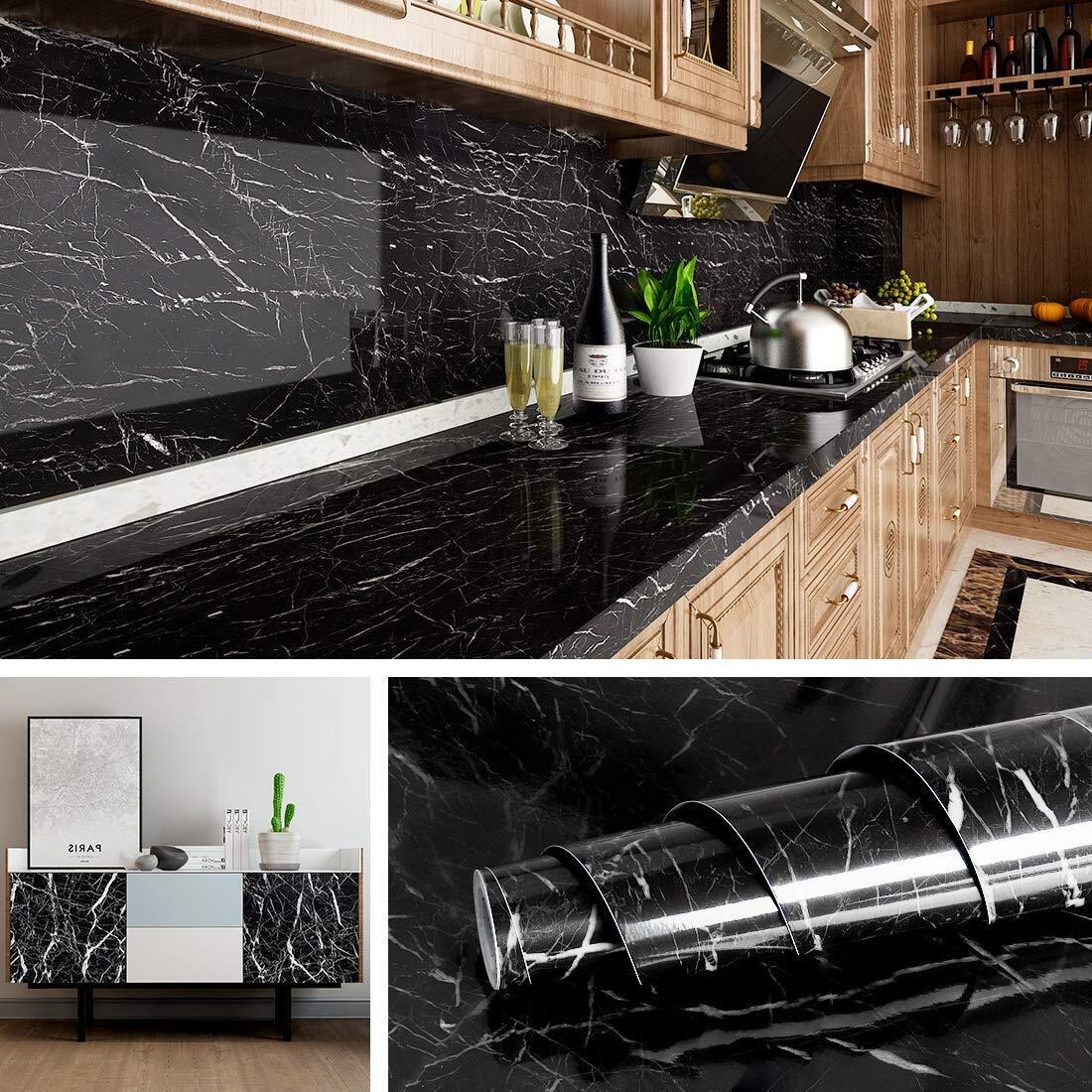 SARVATRAY Black Marble Foil Kitchen Stickers Oil-Proof Waterproof Self Adhesive Wallpaper PVC Bathroom Wall Stickers Contact Paper(Black Marble 60*200cm)