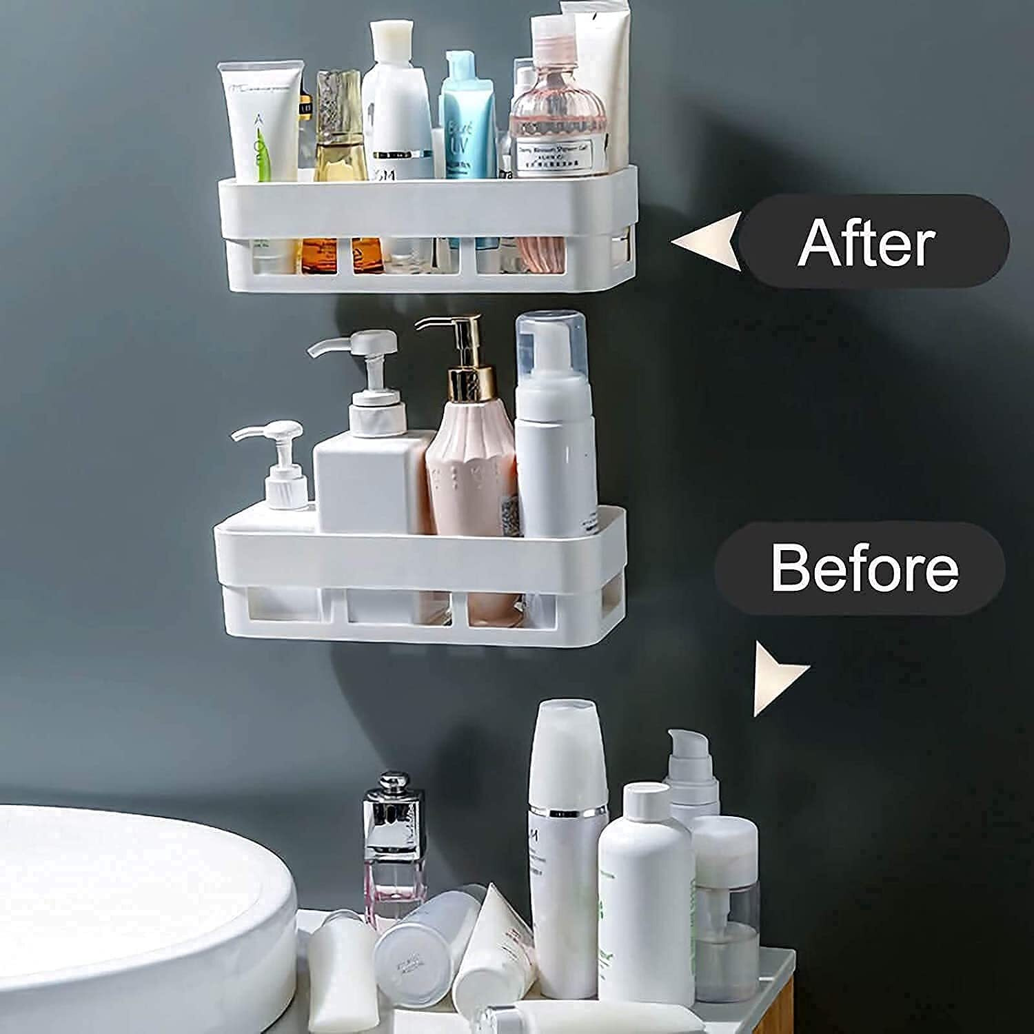 KITSSENTIAL Acrylic Matte Finish Adhesive Sticker Support Without Drilling Multipurpose Wall Mount Bathroom Shelf and Rack (White) (4 Bathroom Shelf)