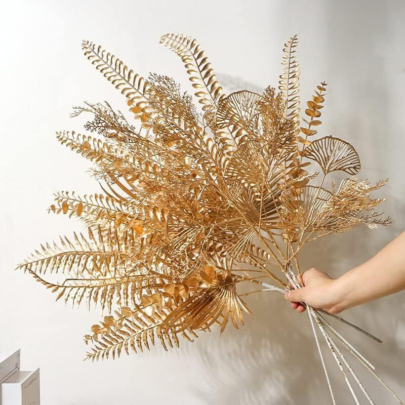 HOLLIO Artificial Flowers Artificial Flowers for Home Decor Golden Leaf Fake Flowers Sticks Bunch Decorative Items for Home Decoration, Living Room Decoration Plants (Without Vase Pot)