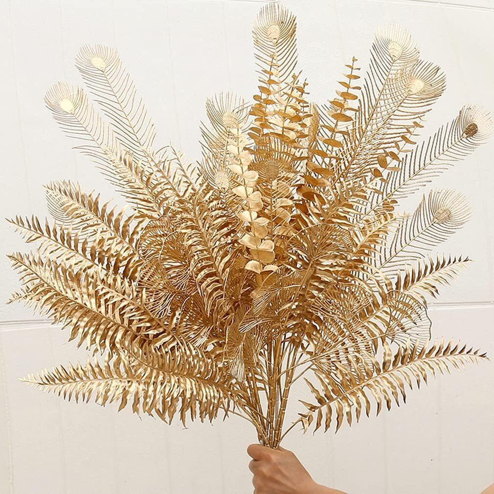 HOLLIO Artificial Flowers Artificial Flowers for Home Decor Golden Leaf Fake Flowers Sticks Bunch Decorative Items for Home Decoration, Living Room Decoration Plants (Without Vase Pot)