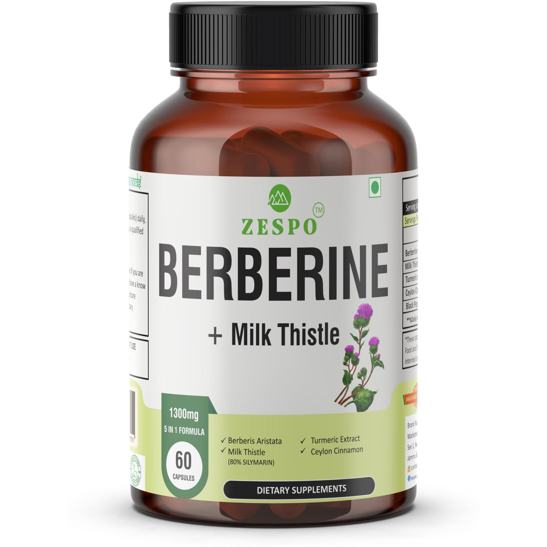 Zespo BERBERINE 1300MG Advanced Formula - With Milk Thistle, Turmeric & Cinnamon - Metabolic Support, Liver Health, Inflammatory Response & Antioxidant Booster - Comprehensive Wellness Supplement