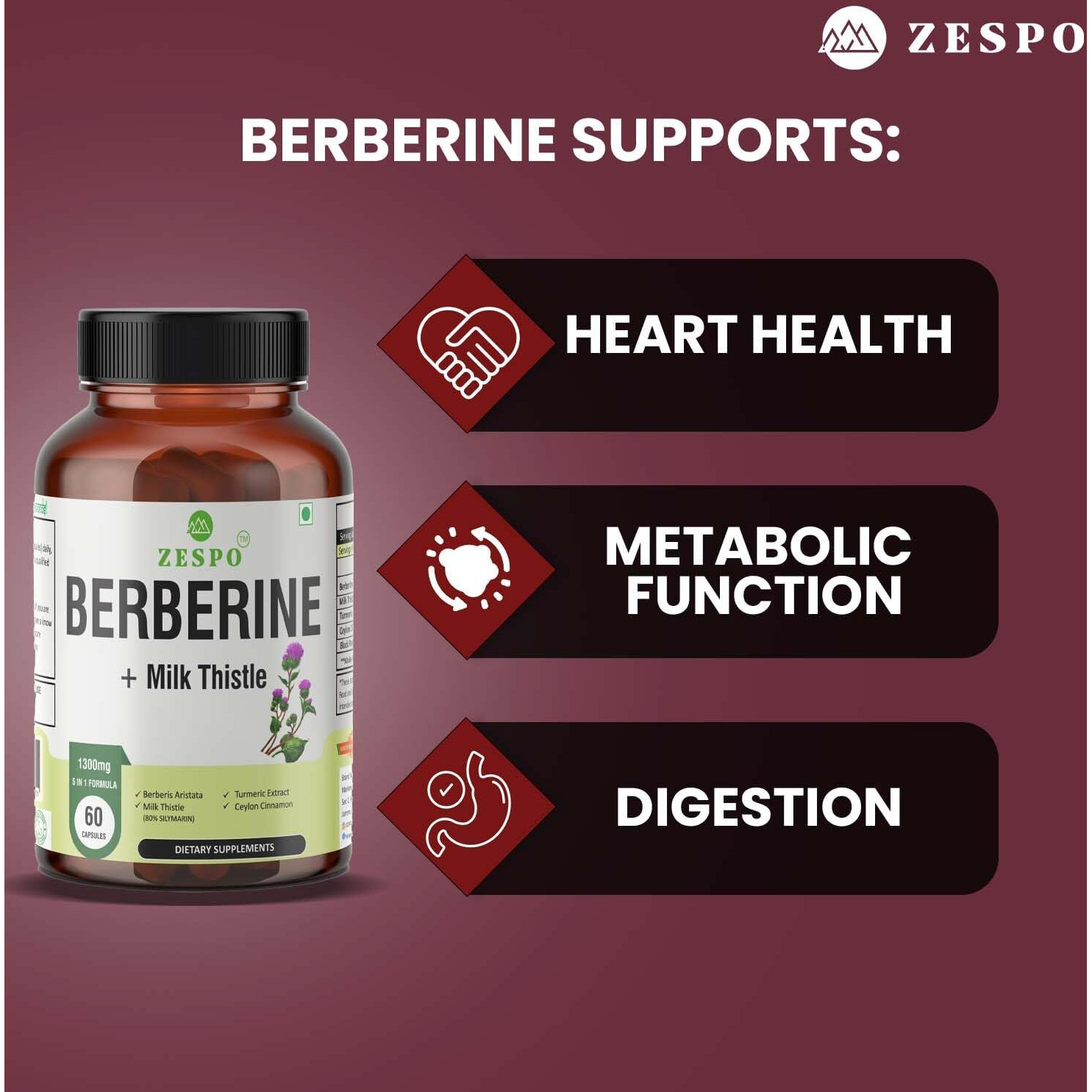 Zespo BERBERINE 1300MG Advanced Formula - With Milk Thistle, Turmeric & Cinnamon - Metabolic Support, Liver Health, Inflammatory Response & Antioxidant Booster - Comprehensive Wellness Supplement