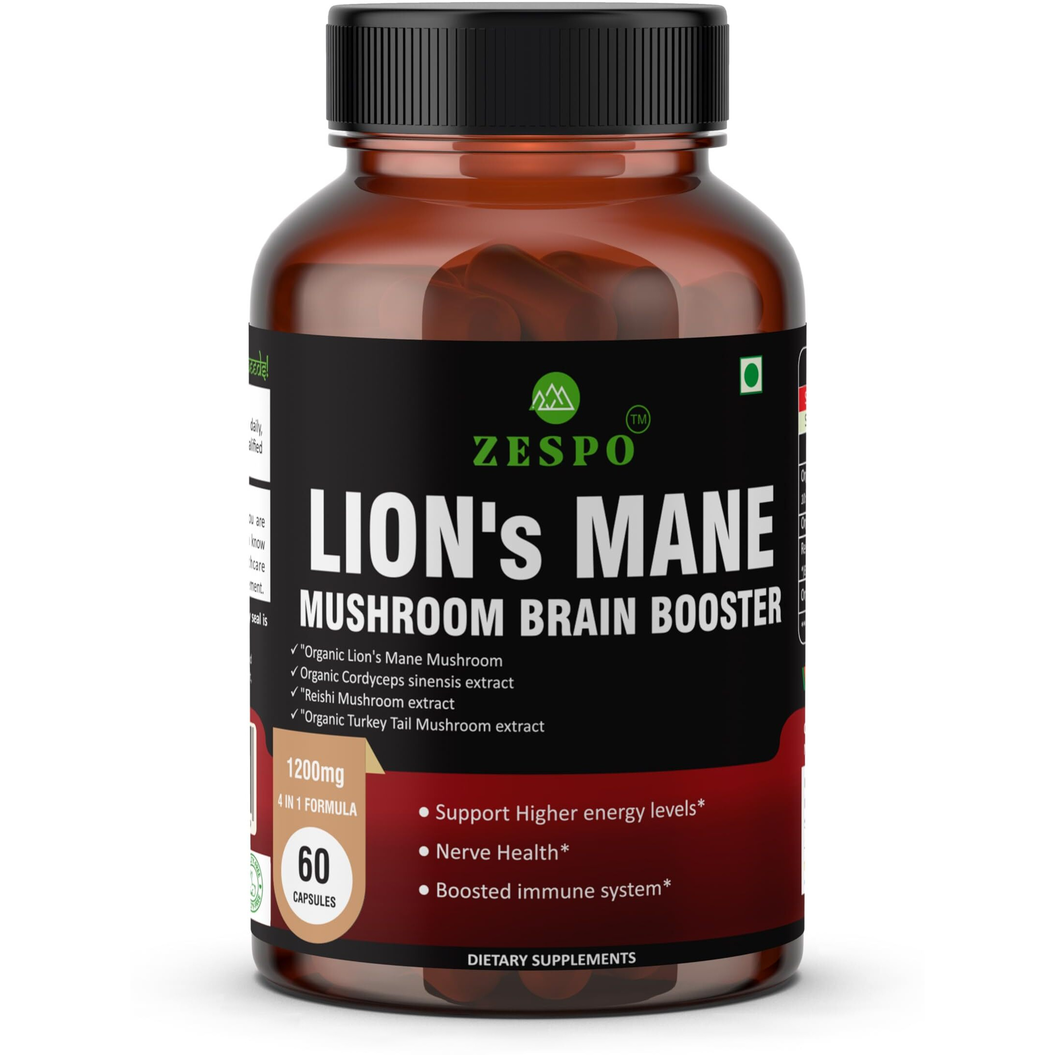 Zespo Organic Lions Mane Mushroom, 4in1-1200MG - Brain Booster with Reishi, Turkey Tail Mushroom & Cordyceps Sinensis - 60 Cap