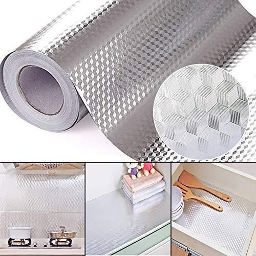 JSKB Enterprises Aluminium Sticker Foil Oil Proof Waterproof Kitchen Wall, Drawer, Decor, Furniture, Wallpapers Foil (200 x 61 cm Size) [Premium Edition] (200 x 61 cm (2 Meter), Silver 2)