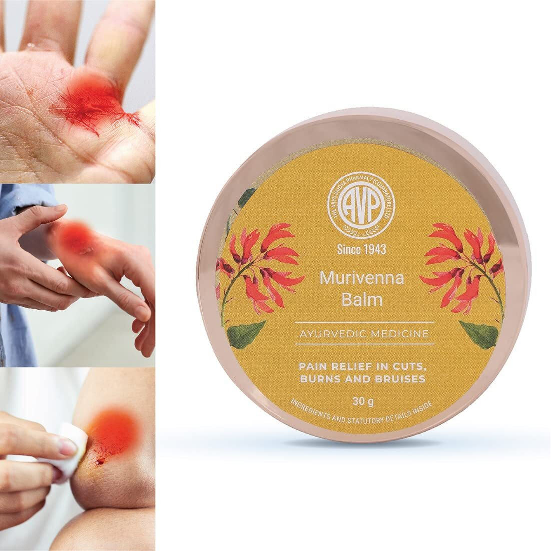 AVP Murivenna 30g Ayurvedic Antiseptic First Aid Pain Relief Balm for Cuts, Wounds, Bruises, Reduces Burn Marks