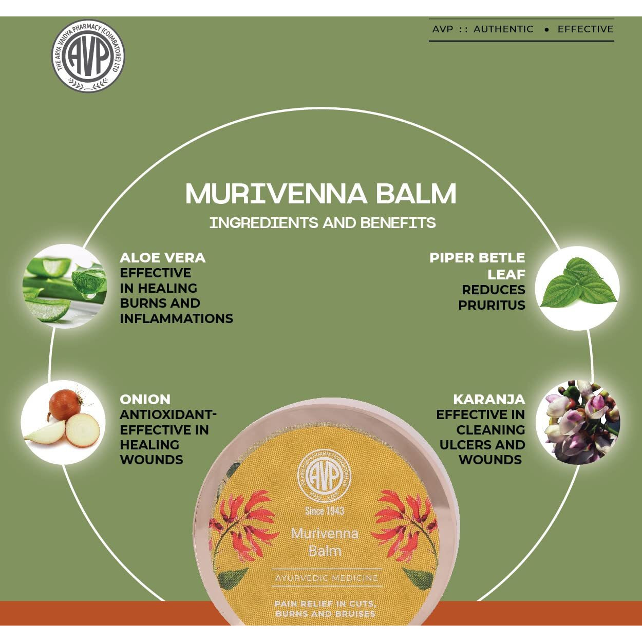 AVP Murivenna 30g Ayurvedic Antiseptic First Aid Pain Relief Balm for Cuts, Wounds, Bruises, Reduces Burn Marks