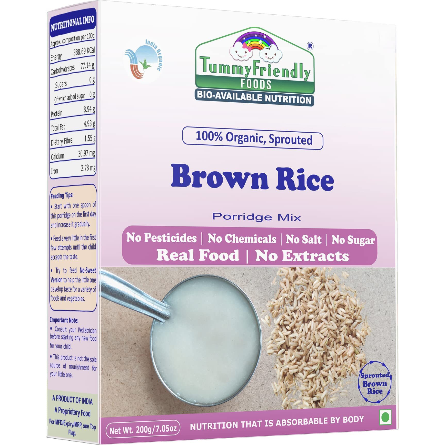 TummyFriendly Foods Certified 100% Organic Sprouted Brown Rice Porridge Mix | Excellent Weight Gain Food | Made of Sprouted Brown Rice Powder For Baby | India-Organic Certified | Maximum possible Nutrition From Real Food | No Sugar, No Salt, No Milk, No Chemicals, No Pesticides & No GMO | Available in Trial Baby Packs too | 6 Month Shelf Life | 200g