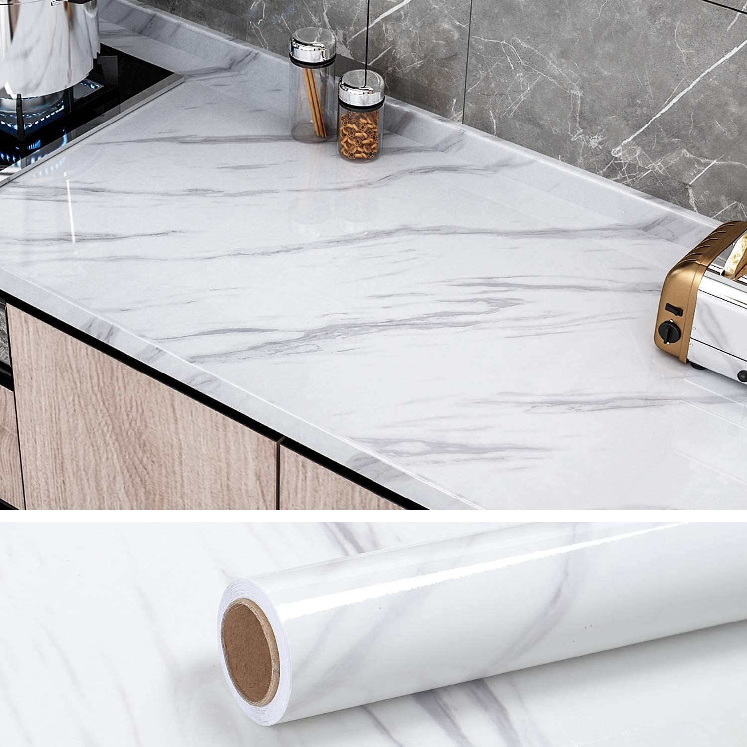 KASHIVAL White Marble Wallpaper for Wall Stickers Marble Wallpaper PVC Oil-Proof Waterproof Self Adhesive Bathroom Wall Stickers Kitchen Self Adhesive Oil Proof Sticker Waterproof Contact Paper Foil Sticker Kitchen White Marble Wallpaper Removable Heat Resistant (White Marble A19 60*200 Cm))