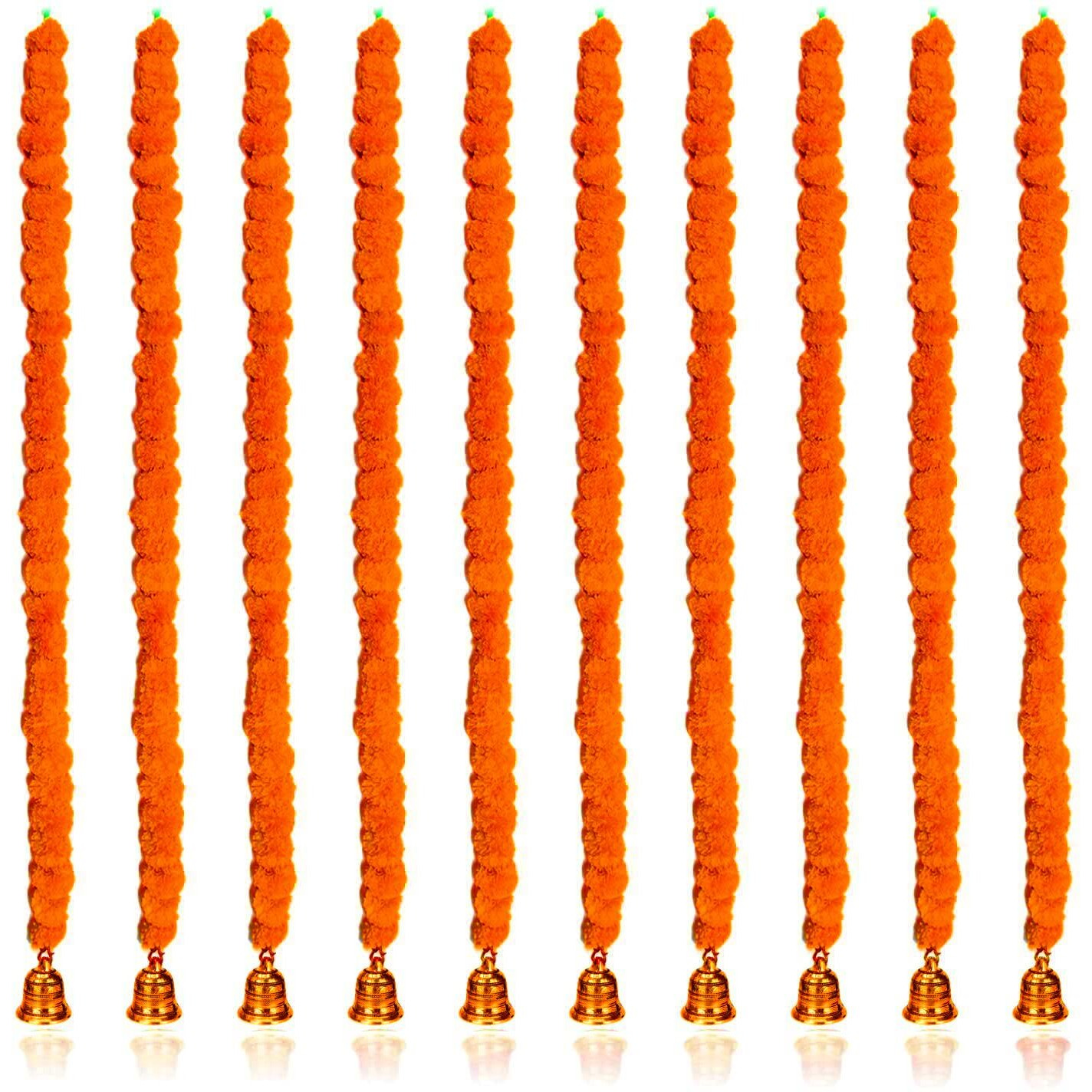 Calveir Artificial Marigold Flowers for Decoration Long Flower Garlands for Door Decoration Toran Genda Phool for Wedding/Festivals|5 Feet with Bells (Pack of 5, Orange)