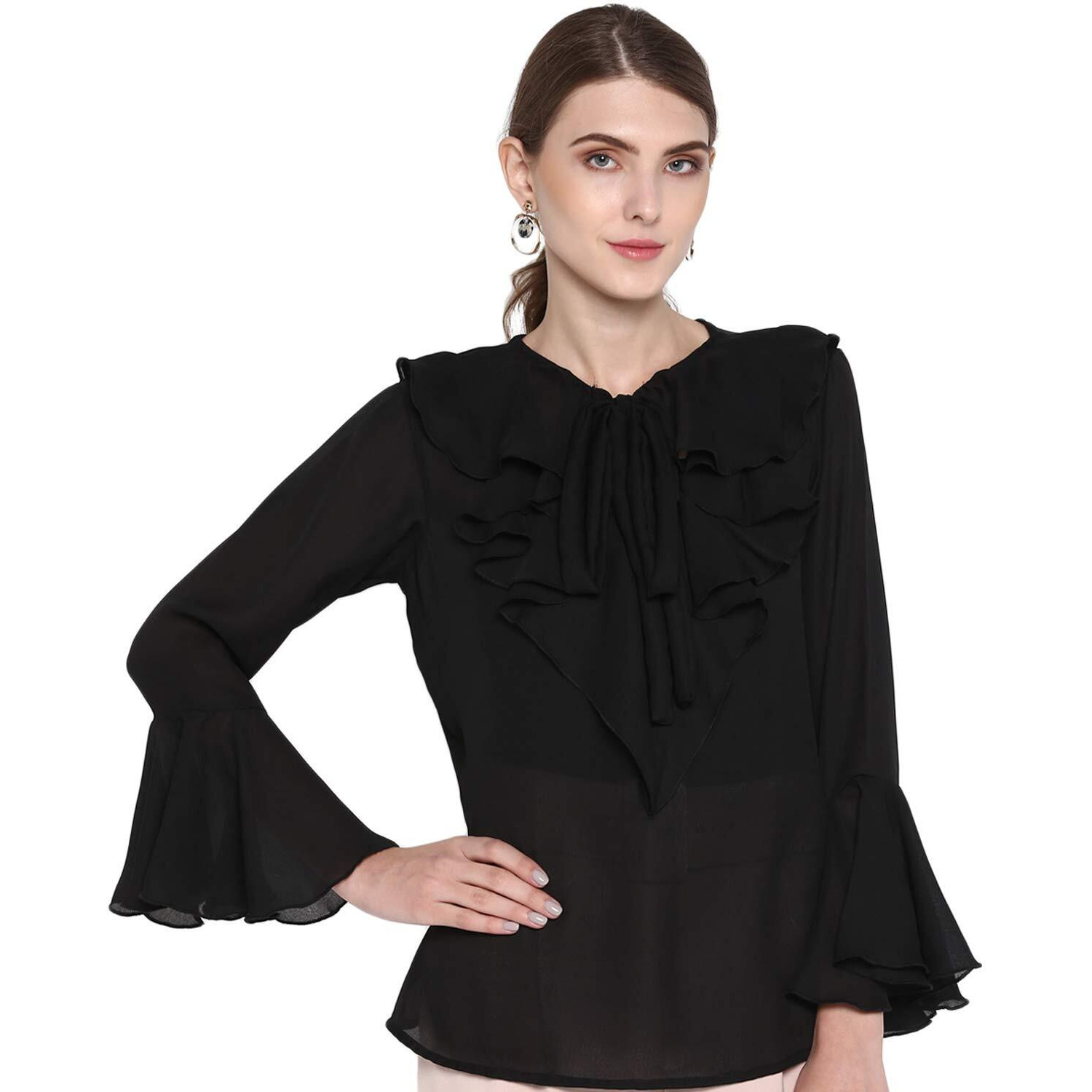 Indietoga Women's Georgette Casual Ruffled Neck Tops (10001220_Black Solid_X-Large)