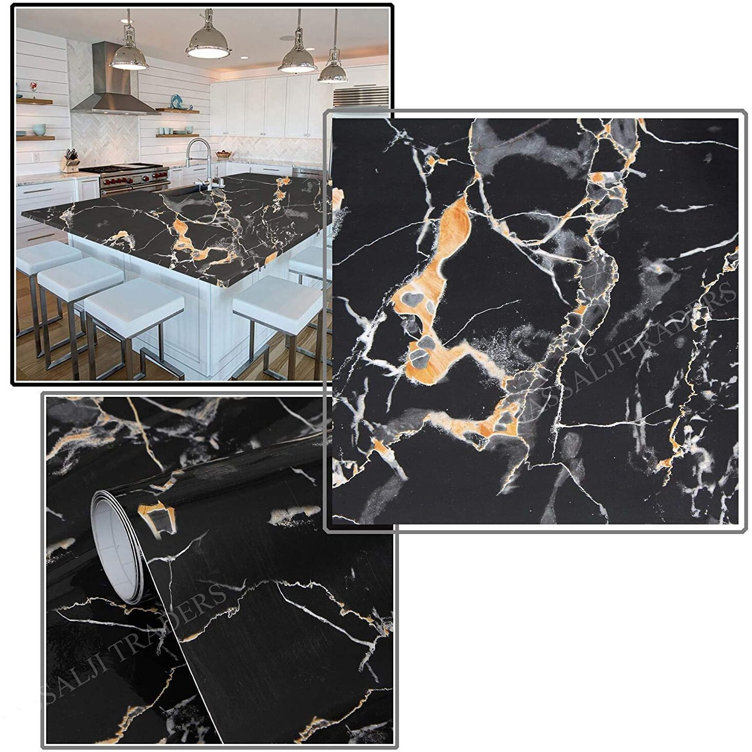 KASHIVAL Marble Wallpaper for Wall Stickers Marble Wallpaper for Home Furniture Marble Countertops Peel and Stick Wallpaper for Bathroom (Size 60 * 200 Cm) (Black Gold A14)