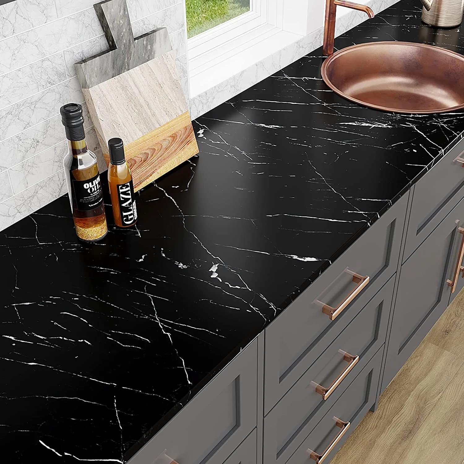 KASHIVAL Black Marble Wallpaper for Peel and Stick for Kitchen Countertops Waterproof Marble Contact Paper Removable and Self Adhesive Marble Paper for Kitchen Bathroom Wall Furniture Marble Wallpaper Furniture Kitchen Wallpaper Wall Paper for Home and Kitchen Decor Kitchen cabinets Marble Wallpaper Oil Proof Waterproof Floor Wallpaper for Kitchen Wall Oil Proof (Size 60*200 Cm) (Black Marble A14)