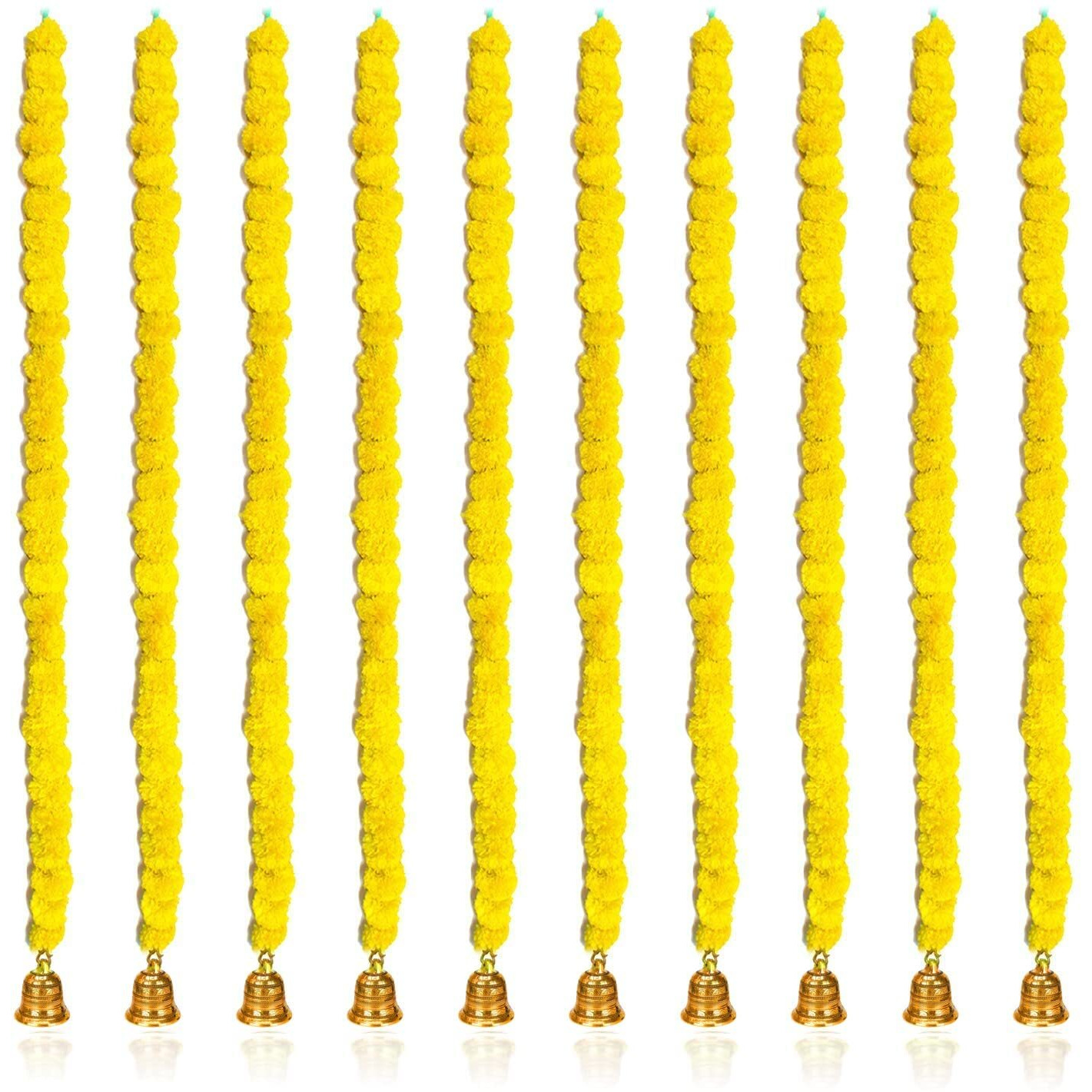 Calveir Artificial Marigold Flowers for Decoration Long Flower Garlands for Door Decoration Toran Genda Phool for Wedding/Festivals|5 Feet with Bells (Pack of 15, Yellow)